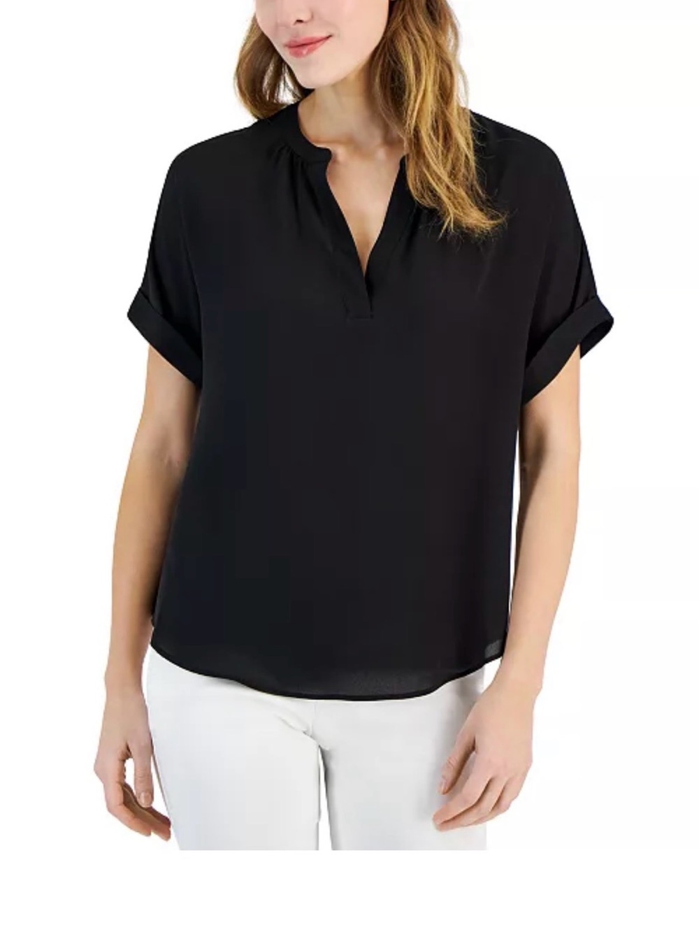 T Tahari Split Neck Rolled Cuff Short Sleeve Blouse Size Large (really like XL)